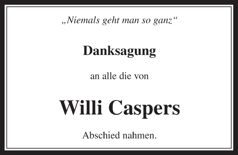  Traueranzeige für Willi Caspers vom 09.05.2018 aus  Werbepost 