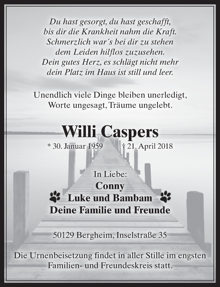 Traueranzeige für Willi Caspers vom 02.05.2018 aus  Werbepost 