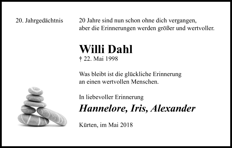  Traueranzeige für Willi Dahl vom 19.05.2018 aus Kölner Stadt-Anzeiger / Kölnische Rundschau / Express