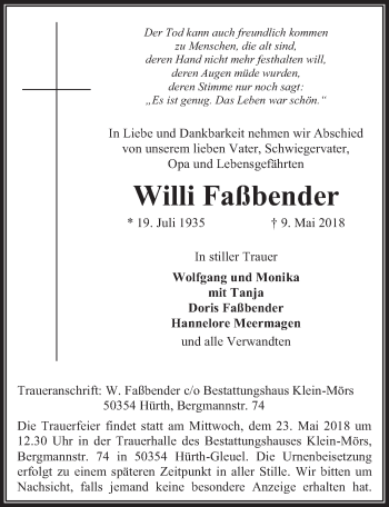 Anzeige von Willi Faßbender von  Wochenende 