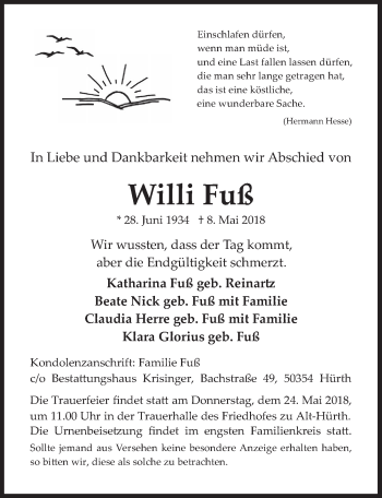 Anzeige von Willi Fuß von  Wochenende 