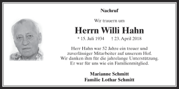 Anzeige von Willi Hahn von  Werbepost 