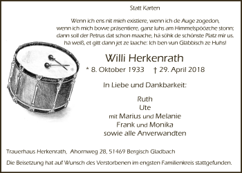 Anzeige von Willi Herkenrath von  Bergisches Handelsblatt 
