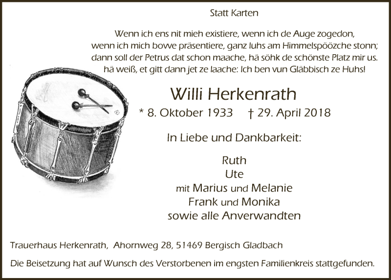  Traueranzeige für Willi Herkenrath vom 16.05.2018 aus  Bergisches Handelsblatt 