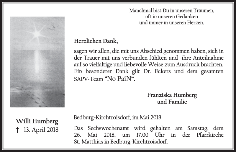  Traueranzeige für Willi Humberg vom 19.05.2018 aus  Sonntags-Post 