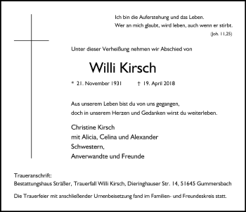 Anzeige von Willi Kirsch von  Anzeigen Echo 