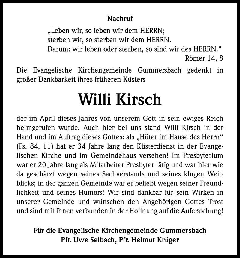  Traueranzeige für Willi Kirsch vom 14.05.2018 aus Kölner Stadt-Anzeiger / Kölnische Rundschau / Express
