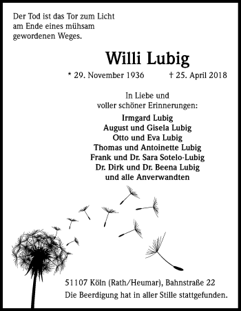 Anzeige von Willi Lubig von Kölner Stadt-Anzeiger / Kölnische Rundschau / Express