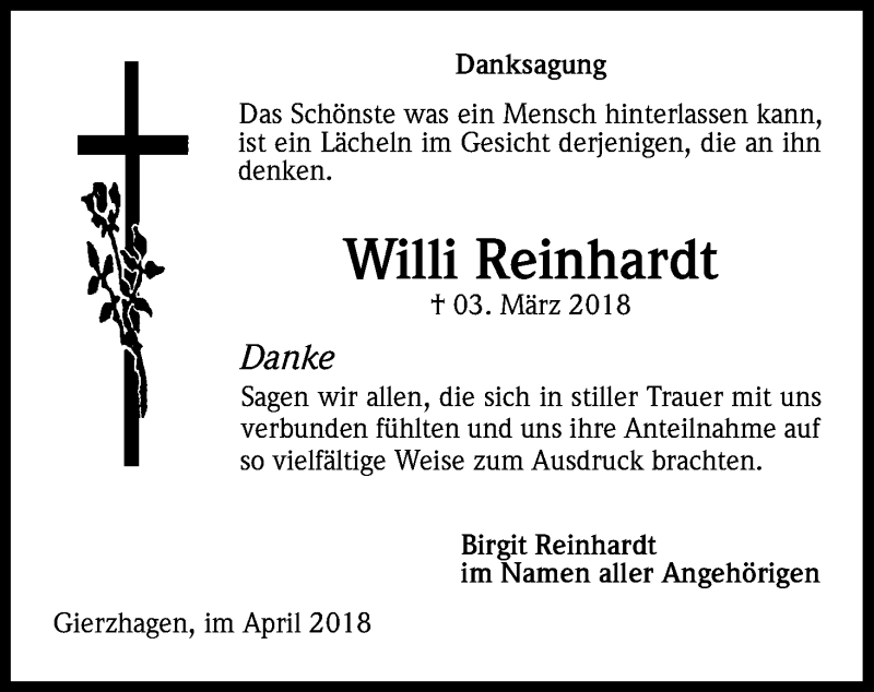  Traueranzeige für Willi Reinhardt vom 05.05.2018 aus Kölner Stadt-Anzeiger / Kölnische Rundschau / Express