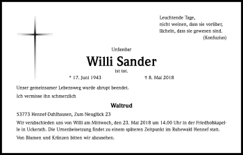 Anzeige von Willi Sander von Kölner Stadt-Anzeiger / Kölnische Rundschau / Express