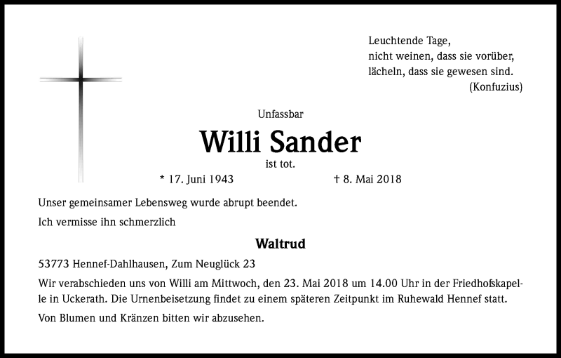  Traueranzeige für Willi Sander vom 15.05.2018 aus Kölner Stadt-Anzeiger / Kölnische Rundschau / Express