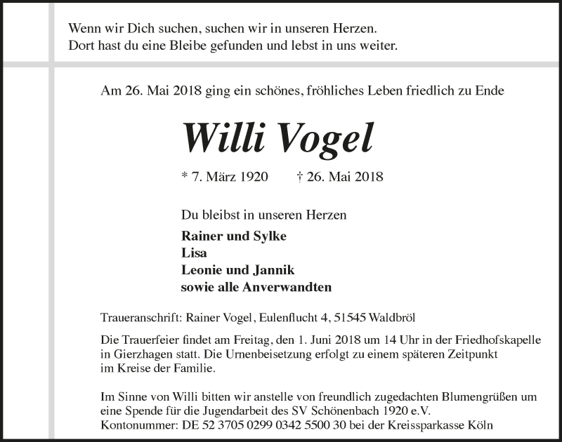  Traueranzeige für Willi Vogel vom 30.05.2018 aus  Lokalanzeiger 