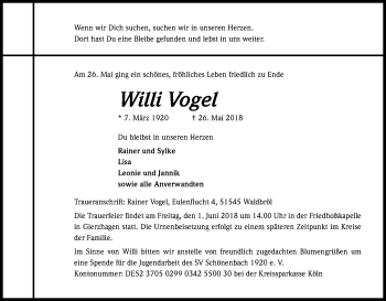 Anzeige von Willi Vogel von Kölner Stadt-Anzeiger / Kölnische Rundschau / Express