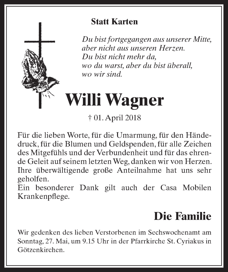  Traueranzeige für Willi Wagner vom 16.05.2018 aus  Werbepost 