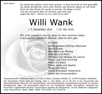 Anzeige von Willi Wank von Kölner Stadt-Anzeiger / Kölnische Rundschau / Express