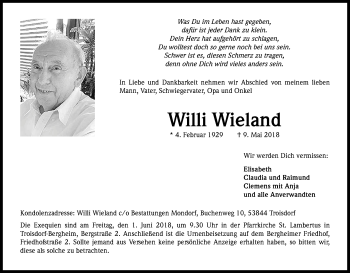 Anzeige von Willi Wieland von Kölner Stadt-Anzeiger / Kölnische Rundschau / Express
