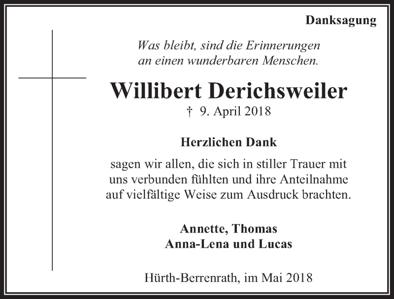  Traueranzeige für Willibert Derichsweiler vom 02.05.2018 aus  Wochenende 