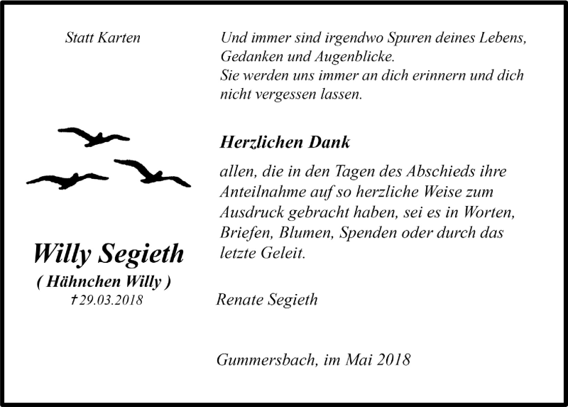  Traueranzeige für Willy Segieth vom 23.05.2018 aus  Anzeigen Echo 