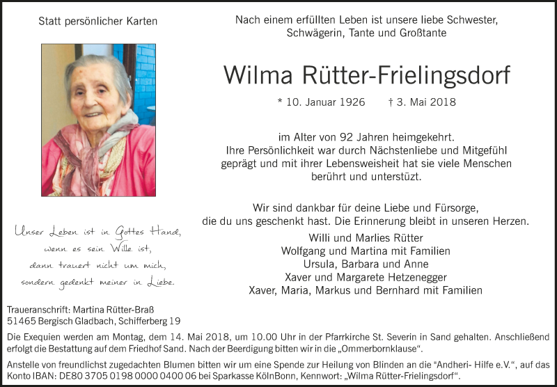  Traueranzeige für Wilma Rütter-Frielingsdorf vom 12.05.2018 aus  Bergisches Sonntagsblatt 