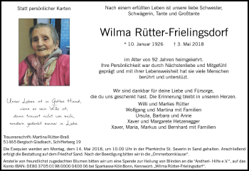 Anzeige von Wilma Rütter-Frielingsdorf von Kölner Stadt-Anzeiger / Kölnische Rundschau / Express