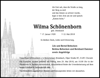 Anzeige von Wilma Schönenborn von Kölner Stadt-Anzeiger / Kölnische Rundschau / Express