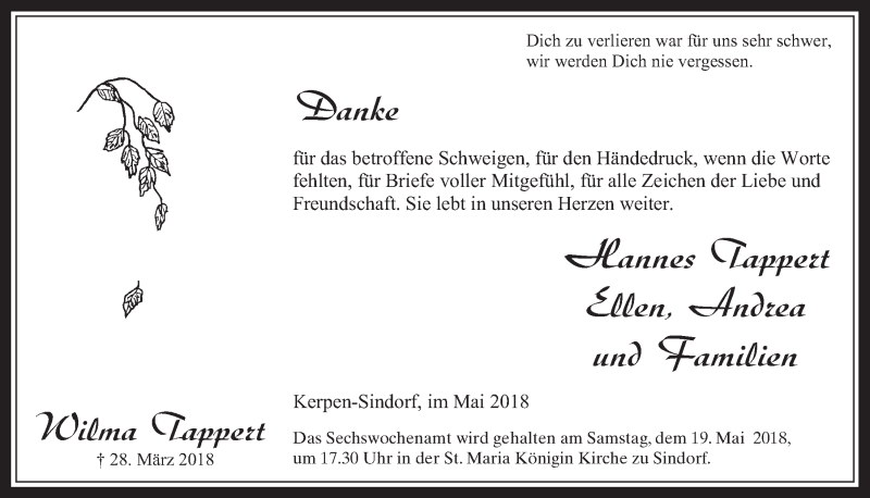  Traueranzeige für Wilma Tappert vom 09.05.2018 aus  Werbepost 