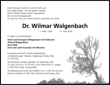 Anzeige von Wilmar Walgenbach von Kölner Stadt-Anzeiger / Kölnische Rundschau / Express