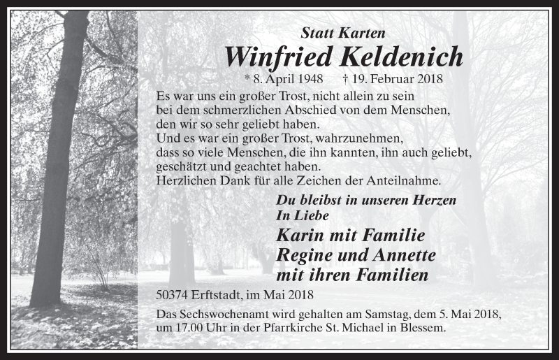  Traueranzeige für Winfried Keldenich vom 02.05.2018 aus  Werbepost 