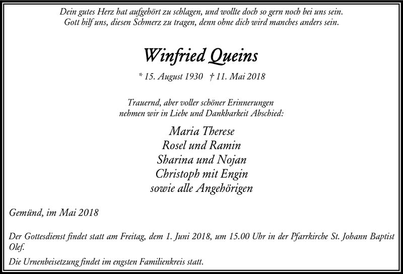  Traueranzeige für Winfried Queins vom 19.05.2018 aus Kölner Stadt-Anzeiger / Kölnische Rundschau / Express