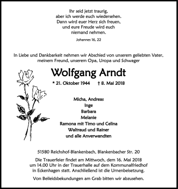 Anzeige von Wolfgang Arndt von Kölner Stadt-Anzeiger / Kölnische Rundschau / Express