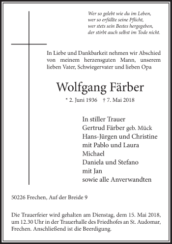 Anzeige von Wolfgang Färber von  Sonntags-Post 