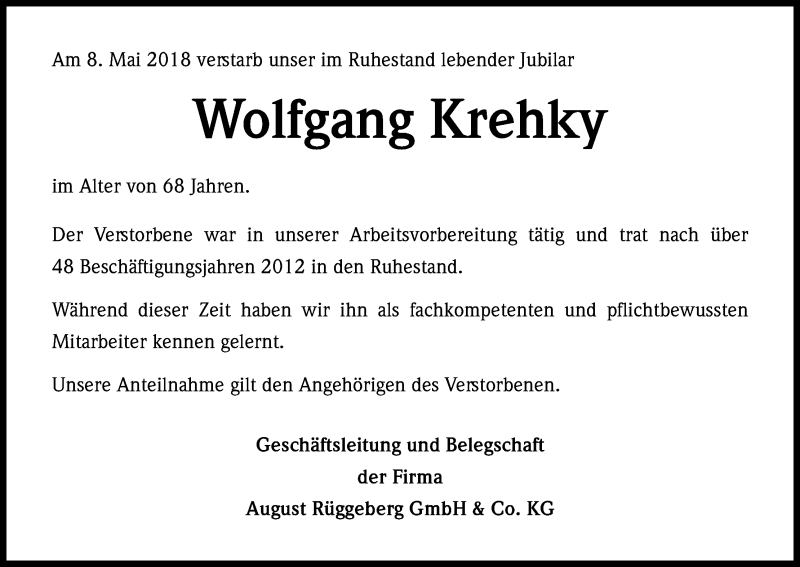  Traueranzeige für Wolfgang Krehky vom 17.05.2018 aus Kölner Stadt-Anzeiger / Kölnische Rundschau / Express