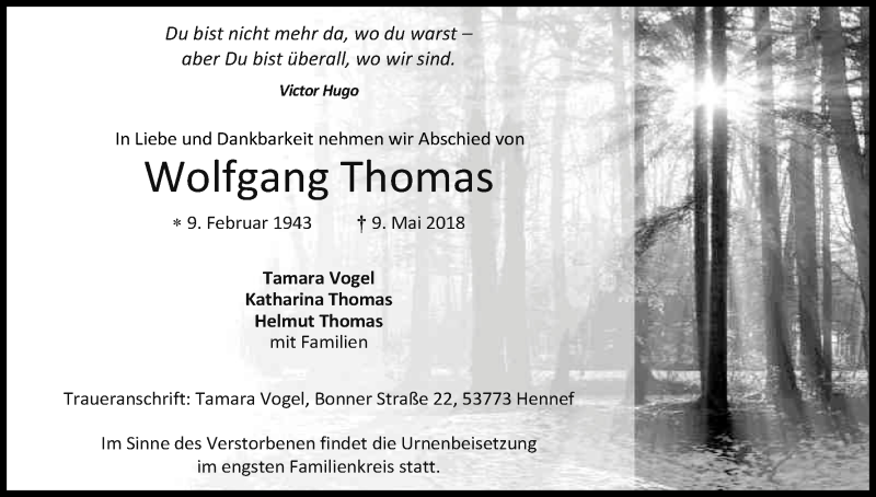  Traueranzeige für Wolfgang Thomas vom 15.05.2018 aus Kölner Stadt-Anzeiger / Kölnische Rundschau / Express