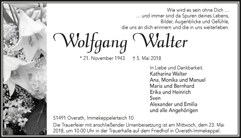  Traueranzeige für Wolfgang Walter vom 16.05.2018 aus  Bergisches Handelsblatt 