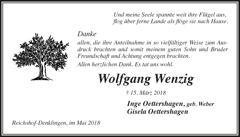  Traueranzeige für Wolfgang Wenzig vom 30.05.2018 aus  Lokalanzeiger 