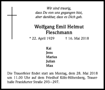 Anzeige von Wolfgang Emil Helmut Fleschmann von Kölner Stadt-Anzeiger / Kölnische Rundschau / Express