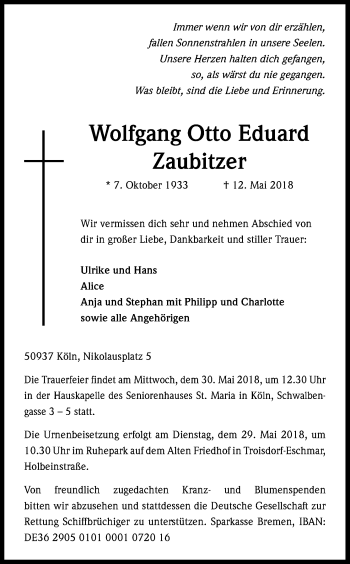 Anzeige von Wolfgang Otto Eduard Zaubitzer von Kölner Stadt-Anzeiger / Kölnische Rundschau / Express