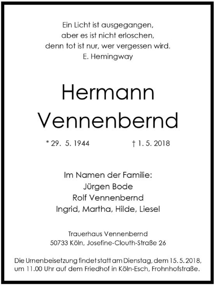  Traueranzeige für Hermann Vennenbernd vom 11.05.2018 aus Kölner Stadt-Anzeiger / Kölnische Rundschau / Express