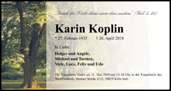 Anzeige von Karin Koplin von Kölner Stadt-Anzeiger / Kölnische Rundschau / Express