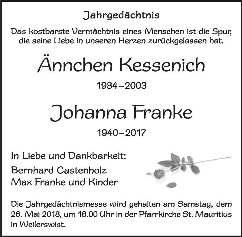  Traueranzeige für Ännchen Kessenich vom 19.05.2018 aus  Blickpunkt Euskirchen 