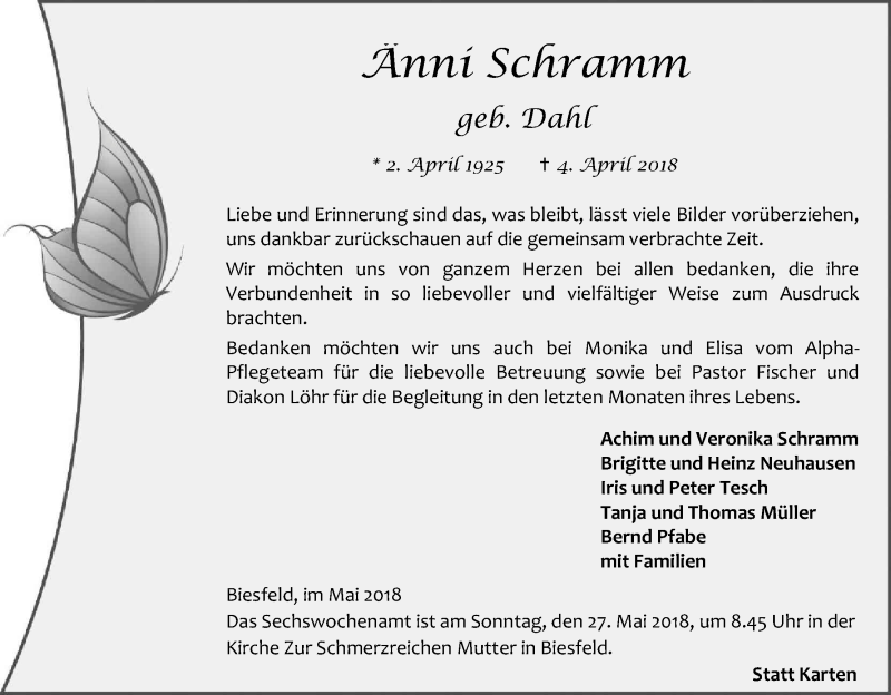  Traueranzeige für Änni Schramm vom 19.05.2018 aus Kölner Stadt-Anzeiger / Kölnische Rundschau / Express