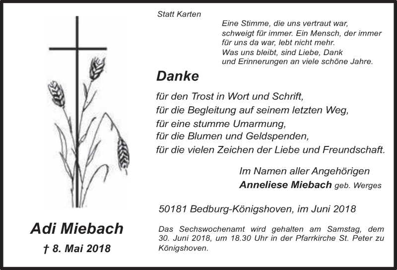 Traueranzeige für Adi Miebach vom 27.06.2018 aus  Werbepost 
