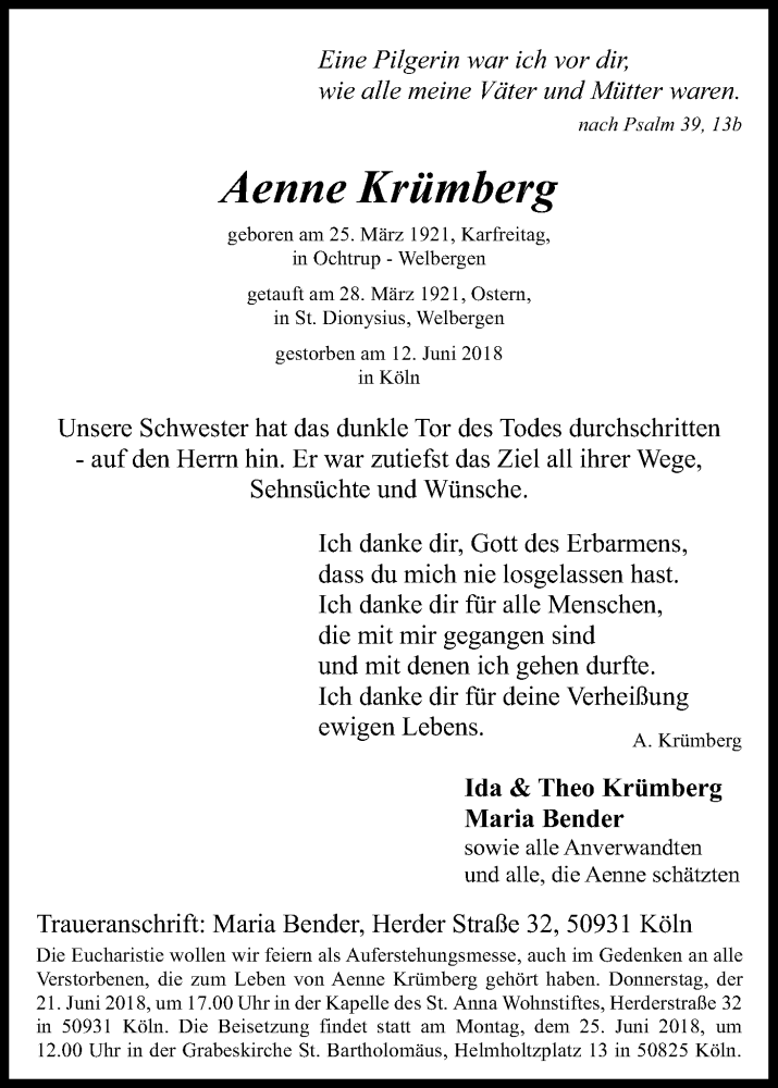  Traueranzeige für Aenne Krümberg vom 16.06.2018 aus Kölner Stadt-Anzeiger / Kölnische Rundschau / Express