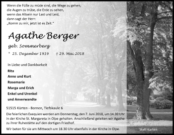 Anzeige von Agathe Berger von Kölner Stadt-Anzeiger / Kölnische Rundschau / Express