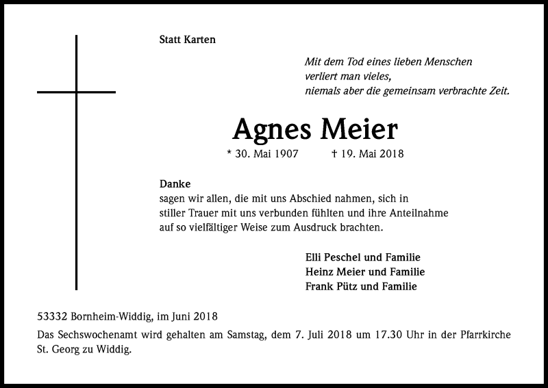 Traueranzeige für Agnes Meier vom 23.06.2018 aus Kölner Stadt-Anzeiger / Kölnische Rundschau / Express