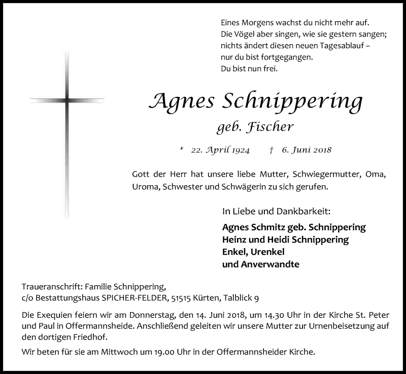  Traueranzeige für Agnes Schnippering vom 09.06.2018 aus Kölner Stadt-Anzeiger / Kölnische Rundschau / Express