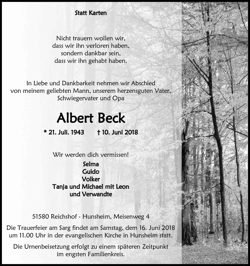  Traueranzeige für Albert Beck vom 13.06.2018 aus Kölner Stadt-Anzeiger / Kölnische Rundschau / Express