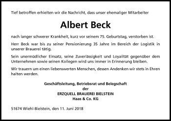 Anzeige von Albert Beck von Kölner Stadt-Anzeiger / Kölnische Rundschau / Express