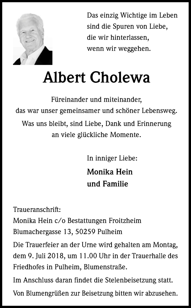  Traueranzeige für Albert Cholewa vom 30.06.2018 aus Kölner Stadt-Anzeiger / Kölnische Rundschau / Express