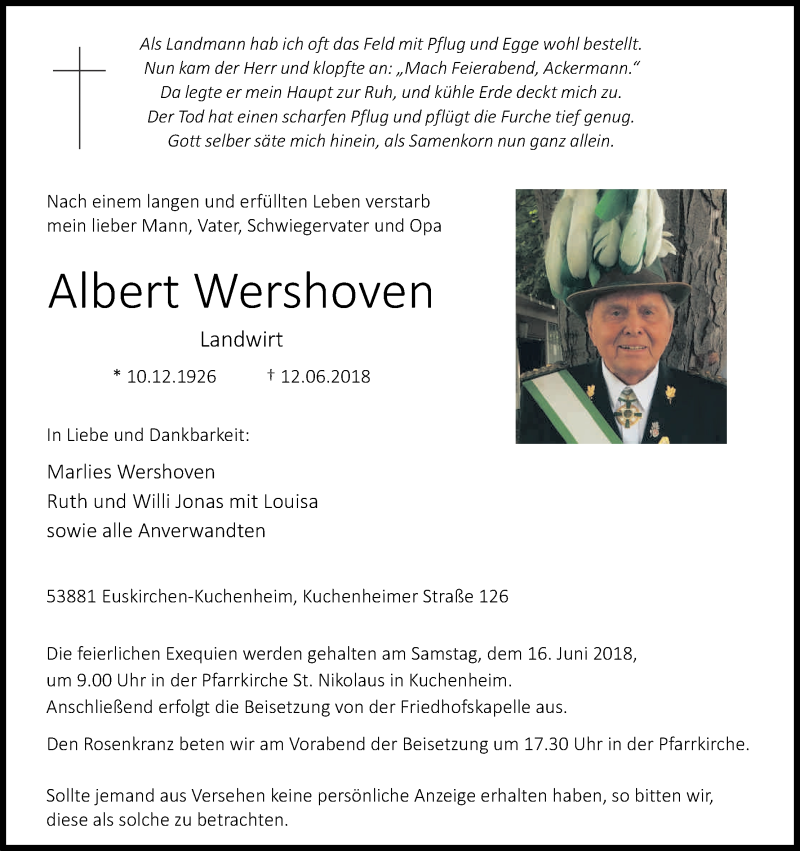  Traueranzeige für Albert Wershoven vom 14.06.2018 aus Kölner Stadt-Anzeiger / Kölnische Rundschau / Express